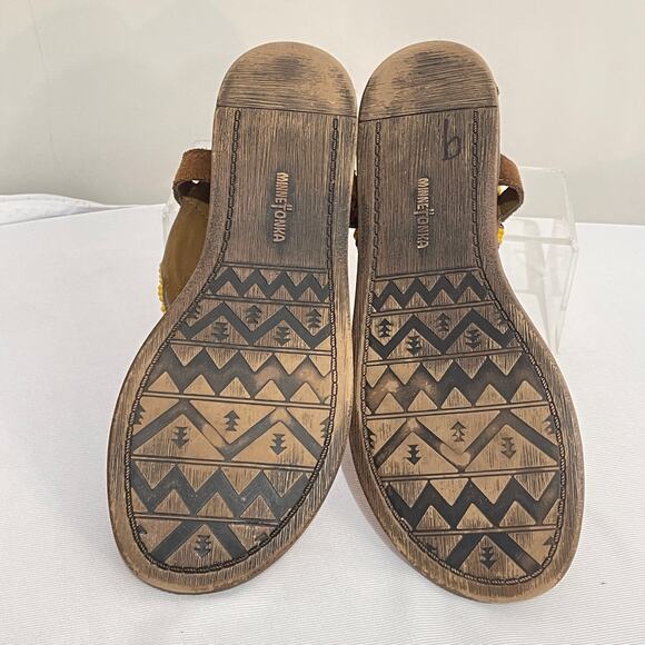 Minnetonka Ankle Sandals Womens 9 Brown Leather Yellow Beads Gladiator BOHO - Picture 3 of 9